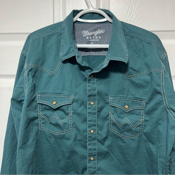 Wrangler Retro Premium Men's Green Solid Snap Button Down Shirt Size XL - Picture 3 of 9